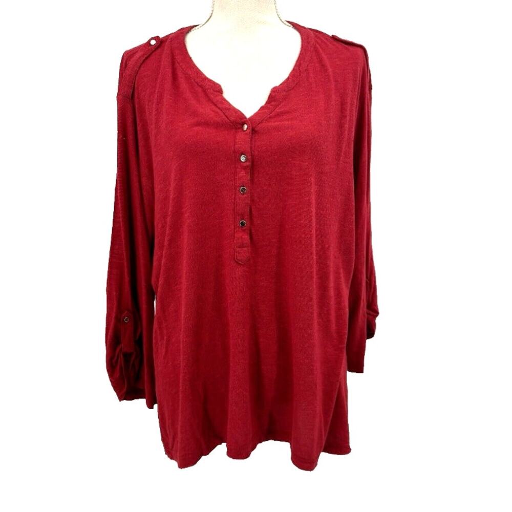 Cathy Womens Blouse 3X  Red Roll Tab Sleeve Casual Top Button Detail Normcore